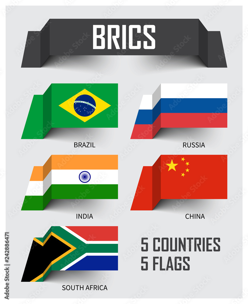 Fototapeta premium BRICS . Association of 5 contries . Brazil Russia India China South africa . Floating paper flags design . Vector