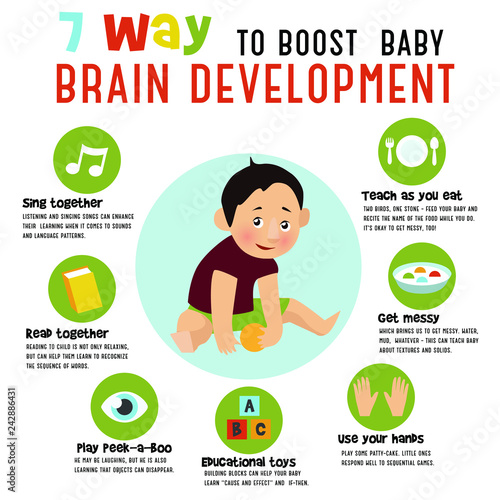 7 way to boost baby brain development.  Vector illustration.