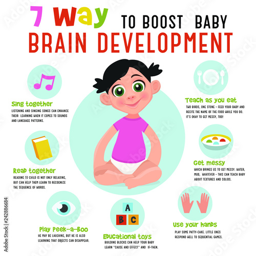 7 way to boost baby brain development.  Vector illustration.