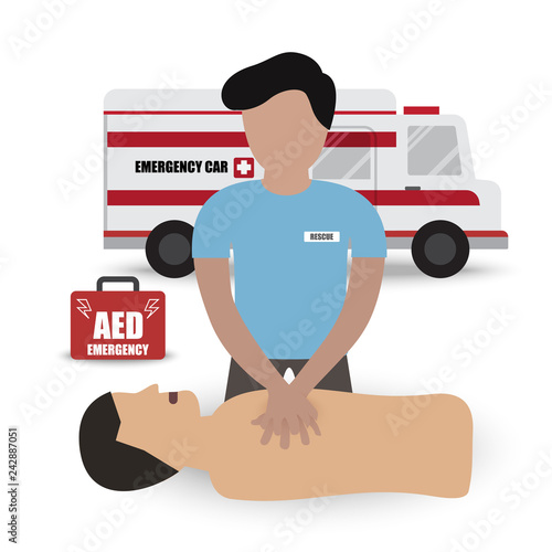 Rescue Paramedic First Aids Emergency Training with CPR Dummy Automated External Defibrillator (AED) and Ambulance Car Infographic Vector