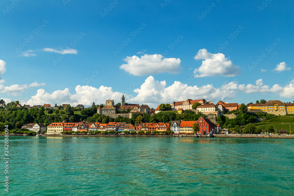 Meersburg, town in the German state of Baden-Wurttemberg on the shore of Lake Constance (Bodensee), famous for a Medieval Meersburg Castle. As seen from a ferry to Konstanz