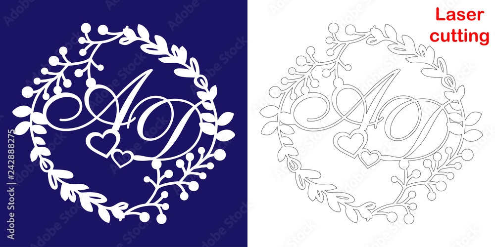 Fototapeta premium Wedding monogram for laser cutting. A D initials of the wedding decorative logo in a floral frame. The perfect gift for your wedding day.