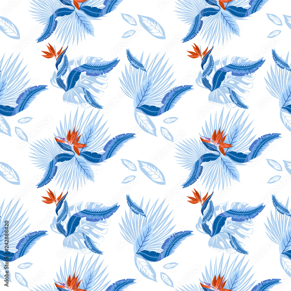 Vector  seamless pattern of tropical  palm leaves, monstera  leaves  and coral flowers of the bird of paradise (Strelitzia) plumeria. Wallpaper trend design.