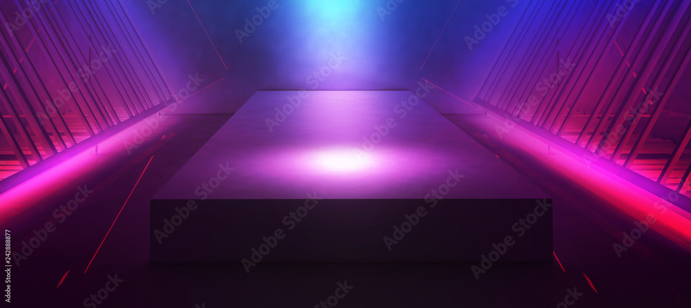 Naklejka Neon background, rays and highlights, metal construction illuminated with blue and pink neon. Abstract empty scene background. 3D Rendering