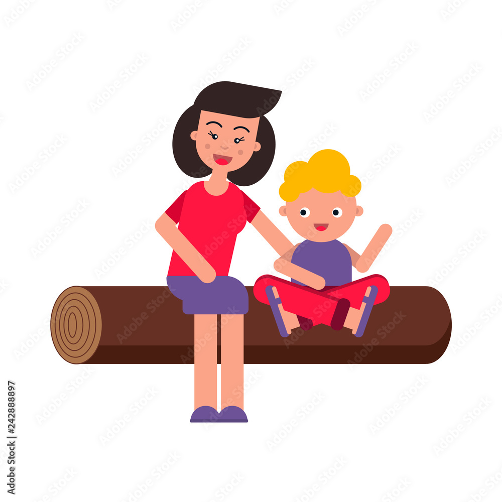 Vector flat illustration, style cartoon. Young happy family on a picnic.  Mom and the child are sitting on a log. White background. Stock Vector |  Adobe Stock