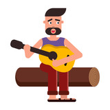 Vector flat illustration, style cartoon. A man sits on a log and plays the guitar, sings a song. Nature and picnic. White background