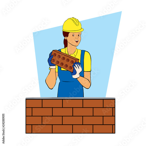 A female builder is working as a bricklayer. Cartoon character. Color vector illustration. Flat style.