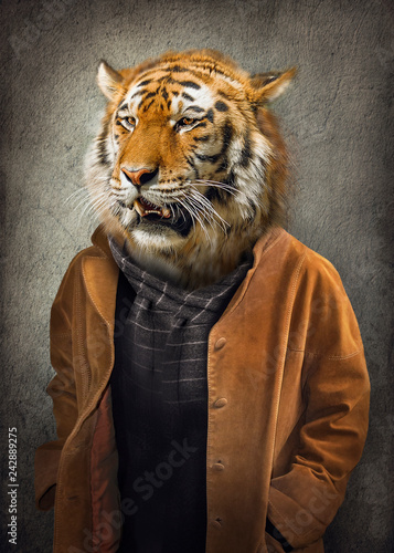 Tiger in clothes. Man with a head of an tiger. Concept graphic in vintage style with soft oil painting style.