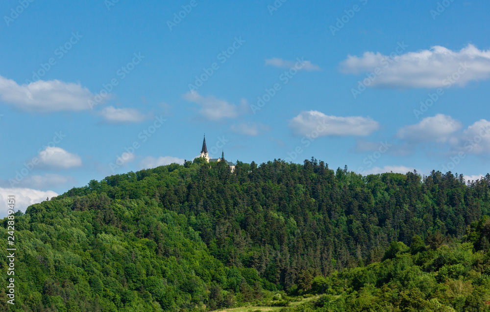 Green hill with forest and church on top