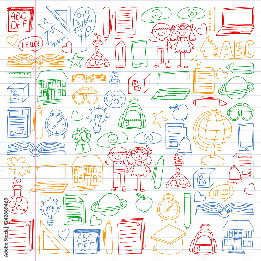 Vector set of secondary school icons in doodle style. Painted, colorful, pictures on a piece of linear paper on white background. Vector set of secondary school icons in doodle style. Painted, colorful, pictures on a piece of linear paper on white background.