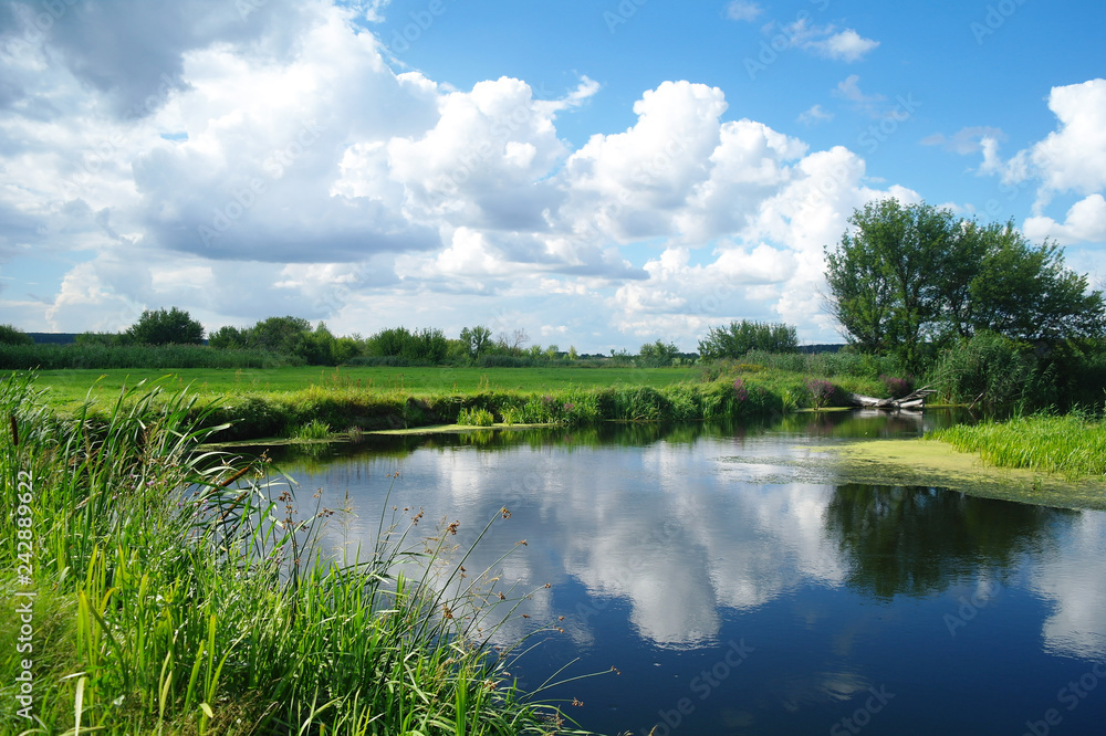 river, land with trees and cloudy sky