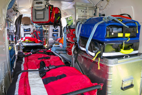 Stretcher and medical equipment in a Emergency medical services helicopter.