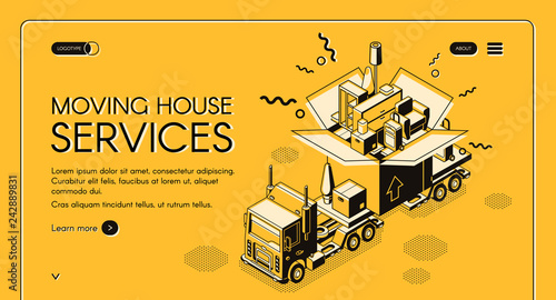 House moving and relocation service isometric vector web banner. Cargo truck carrying huge cardboard box with home staff and furniture line art illustration. Transport company landing page template