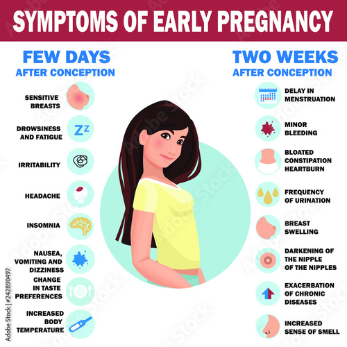 Symptoms of early pregnancy. Detailed vector Infographic. Human health.