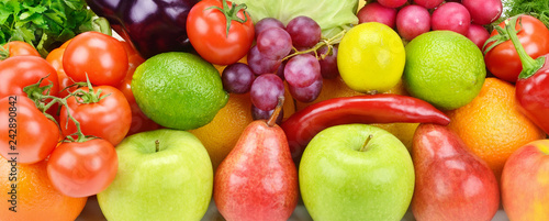 Background of fresh fruits and vegetables .