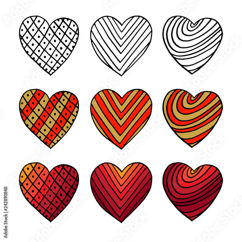 Set of hand drawn hearts. Colorful valentine vector sketch doodle. Graphic design elements. Stripe line art design. Isolated on white