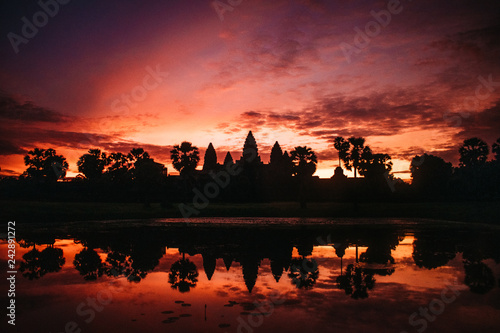 Beautiful pink and orange sunrise over the ancient Temples of Angkor Wat, Siem Reap, Cambodia