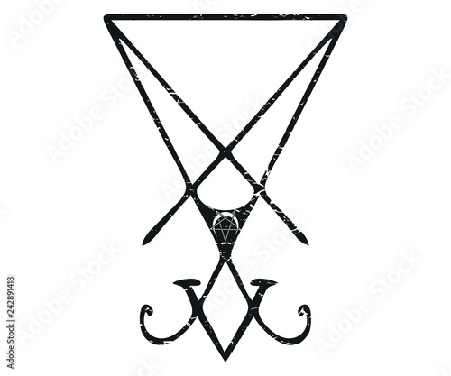 Grunge styled distressed demonology vector illustration: Lucifer sigil isolated. Satan Devil Lucifer sigil with reversed pentagram. photo