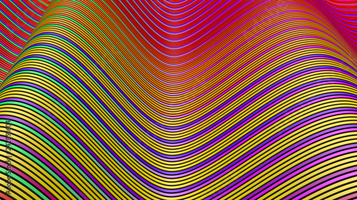 3d illustration of a wavy surface made of different colored lines.