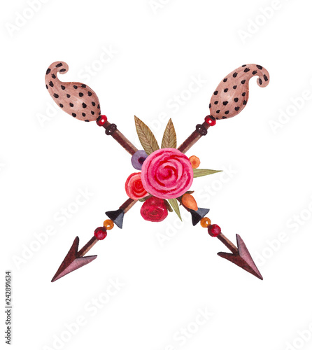 Watercolor tribal arrows. Hand drawn arrows with flowers. Ethnic illustration. photo