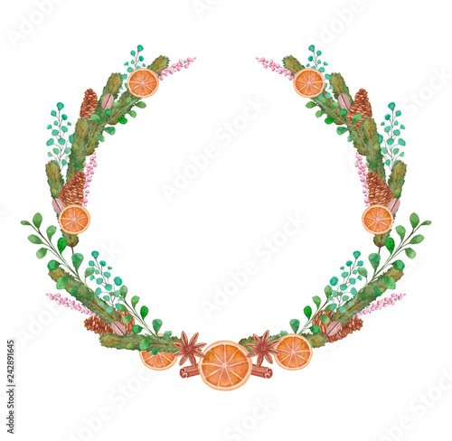 Christmas wreath with christmass tree branch, orange, cinnamon. Hygge decor.