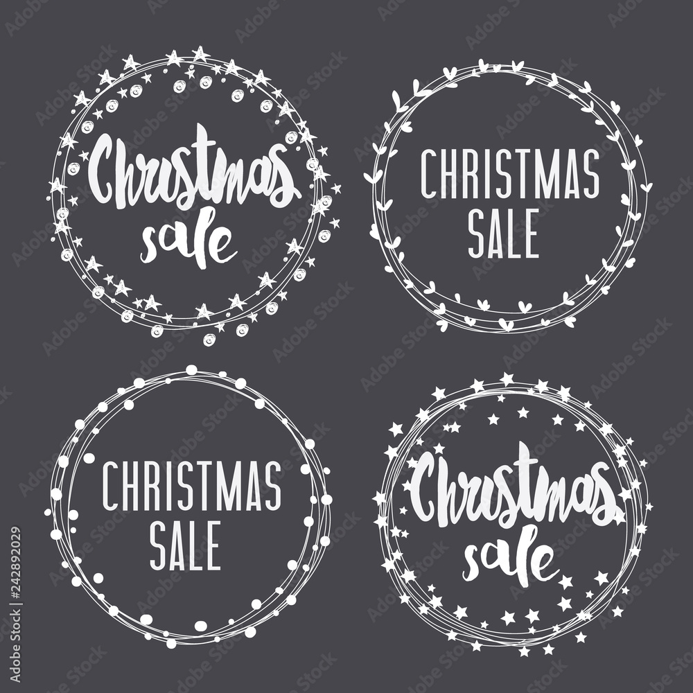 Christmas Sale Hand drawn vector card with round frame