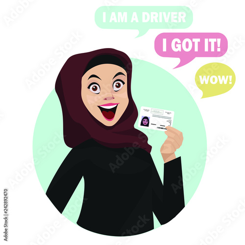 Happy arab muslim saudi woman getting driving license. Cartoon vector illustration. Funny cartoon character. Vector illustration of a flat design