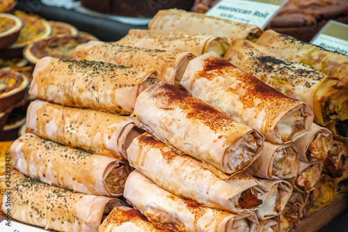 Curry rolls on display at Broadway market in Hackney, East London