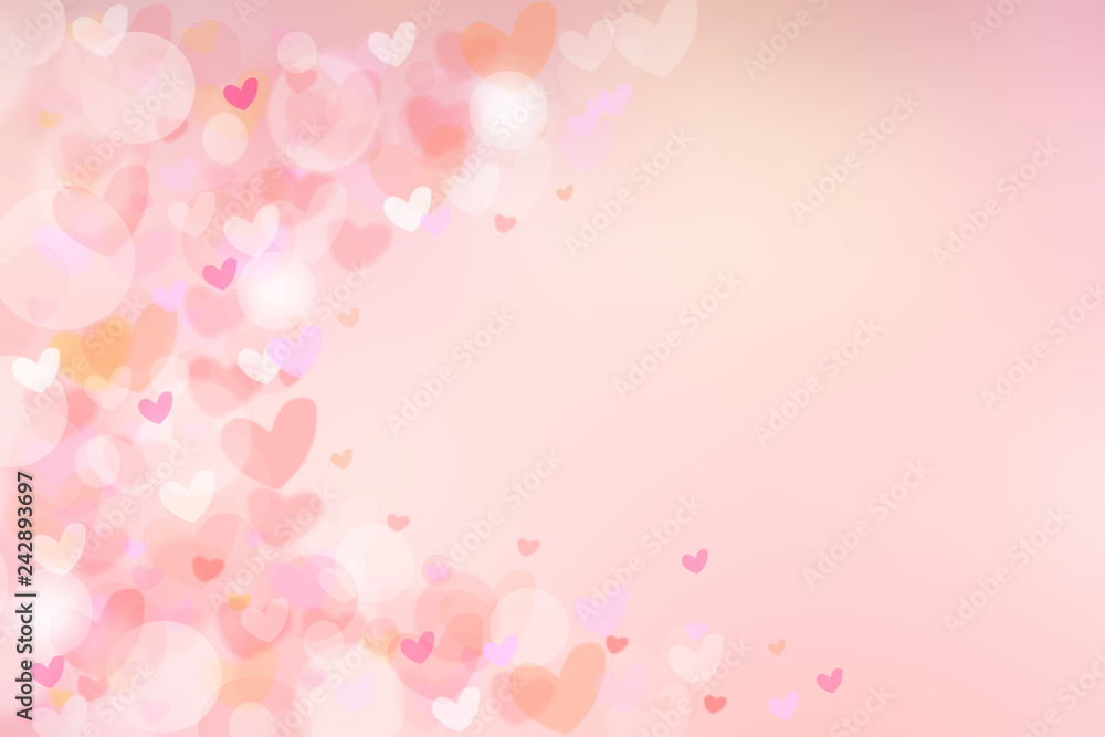 Abstract valentine background. Abtract festive blur bright pink pastel background with colorful hearts for valentine or wedding. Romantic textured backdrop with frame for your design. Card concept.