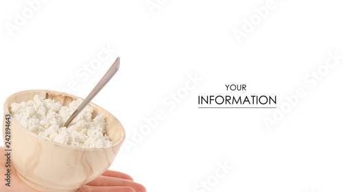 Bowl of cottage cheese with spoon in hand pattern on white background isolation