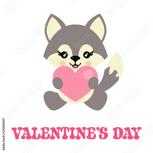 cartoon cute wolf sitting with heart vector and valentines text © julia_january