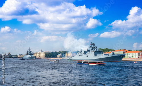Parade of the Russian Navy on the Neva River in St. Petersburg