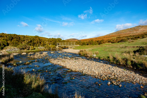 Stepping stones and wooden bridge cross the River Lyd on Dartmoor
