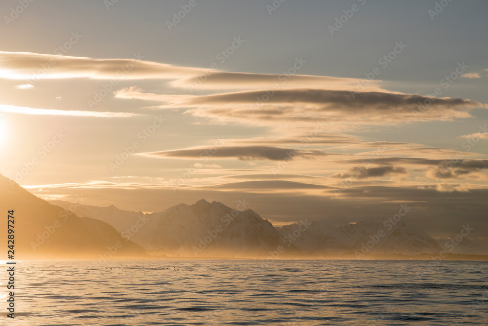 Lofoten - Norway. The beautiful mountains of the Lofoten, an island group in the north of Norway. Photographed from the water.