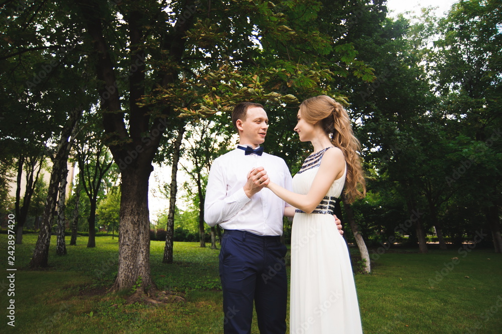 Wedding day. bride and groom outdoor in nature location. Wedding couple in love at wedding day.