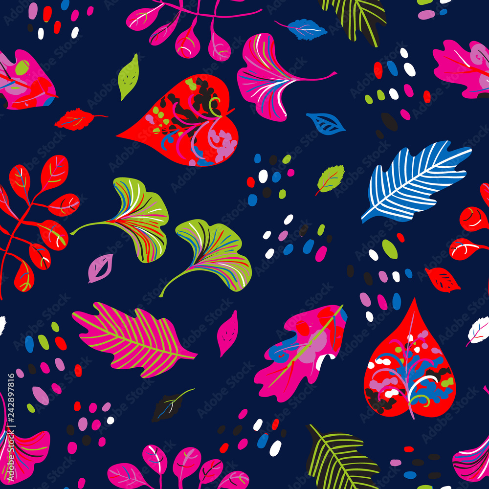 Fototapeta premium Vector seamless watercolor pattern with fall colorful leaves