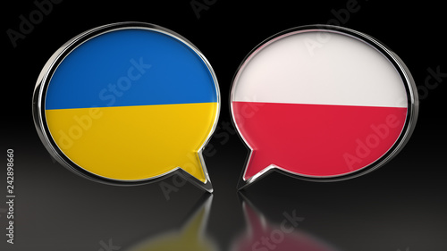 Ukraine and Poland flags with Speech Bubbles. 3D illustration
