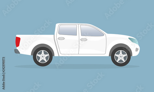 White pickup truck. Side view. Pick-up car or vehicle. Vector illustration.