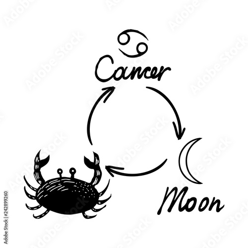Astrology horoscope single zodiac symbol with sign Cancer, Moon illustration picture and written planet symbol name. Vector.