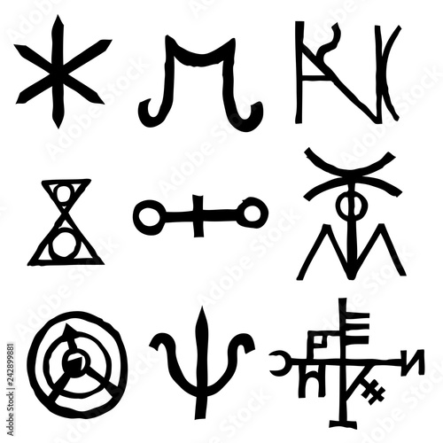Set of written symbols and letters inspired by magical inscriptions and symbols isolated on background. Old manuscript alphabet. Vector.