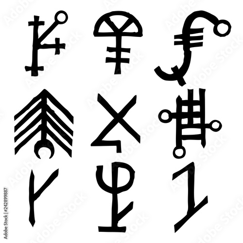 Set of Old Norse Scandinavian runes imaginary version. Runic alphabet symbols, futhark. Inspired by ancient occult symbols, vikings letters and runes. Vector.