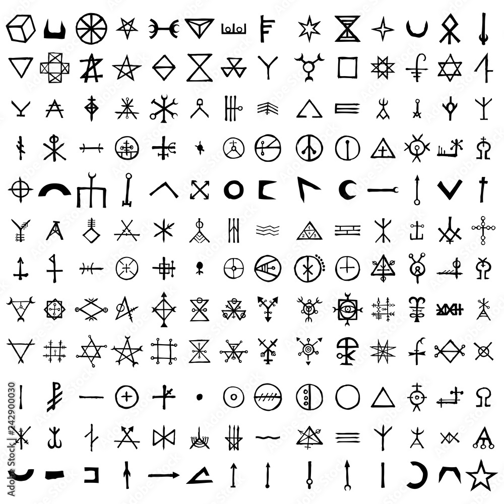 Large set of alchemical symbols isolated on white background. Hand drawn and written elements for signs design. Inspiration by mystical, esoteric, occult theme. Vector. Large set of alchemical symbols isolated on white background. Hand drawn and written elements for signs design. Inspiration by mystical, esoteric, occult theme. Vector.