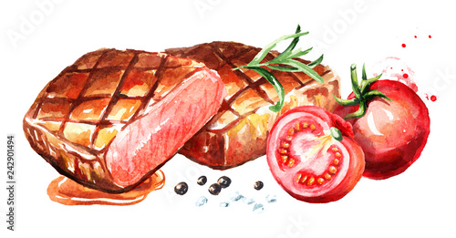Grilled beef steaks with spices and fresh tomatoes. Watercolor hand drawn illustration, isolated on white background