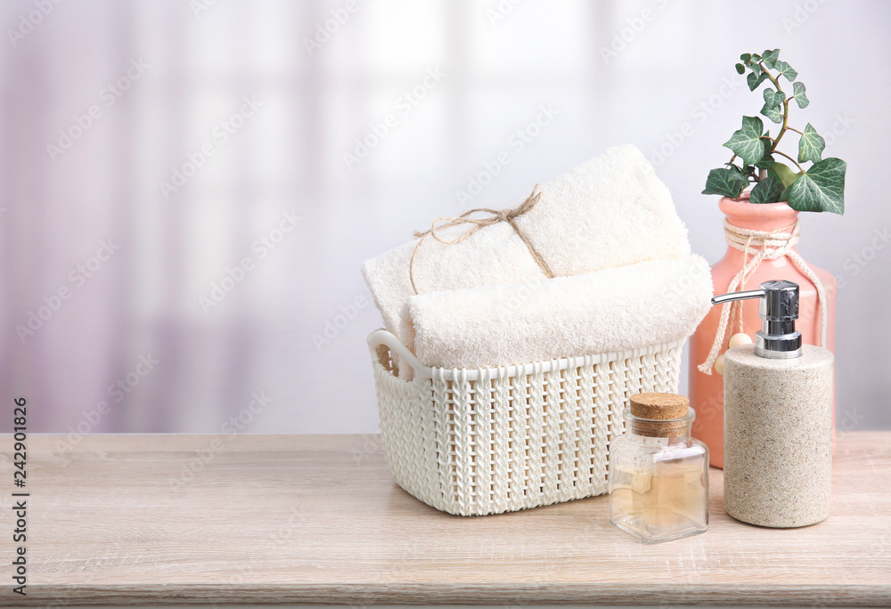 Fototapeta premium Body care concept empty space background. Towels empty space.