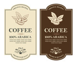 collection of coffee labels with branch, beans and cup