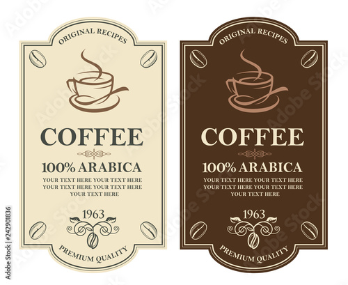 collection of coffee labels with branch, beans and cup