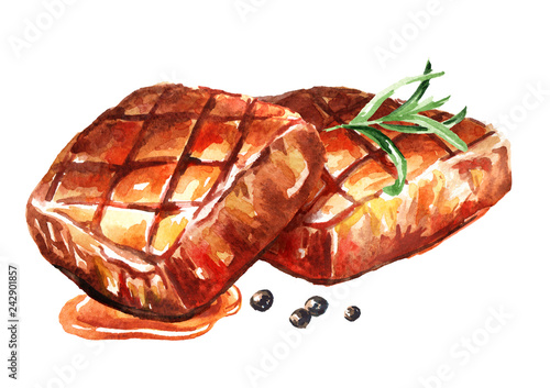 Two grilled beef steaks with spices. Watercolor hand drawn illustration, isolated on white background