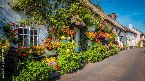 Cute old English house with a thatched roof and flowers in a green hilly landscape on a summer sunny day with blue sky in the UK in a holiday Dorset countryside between Sidmouth and Lyme Regis.