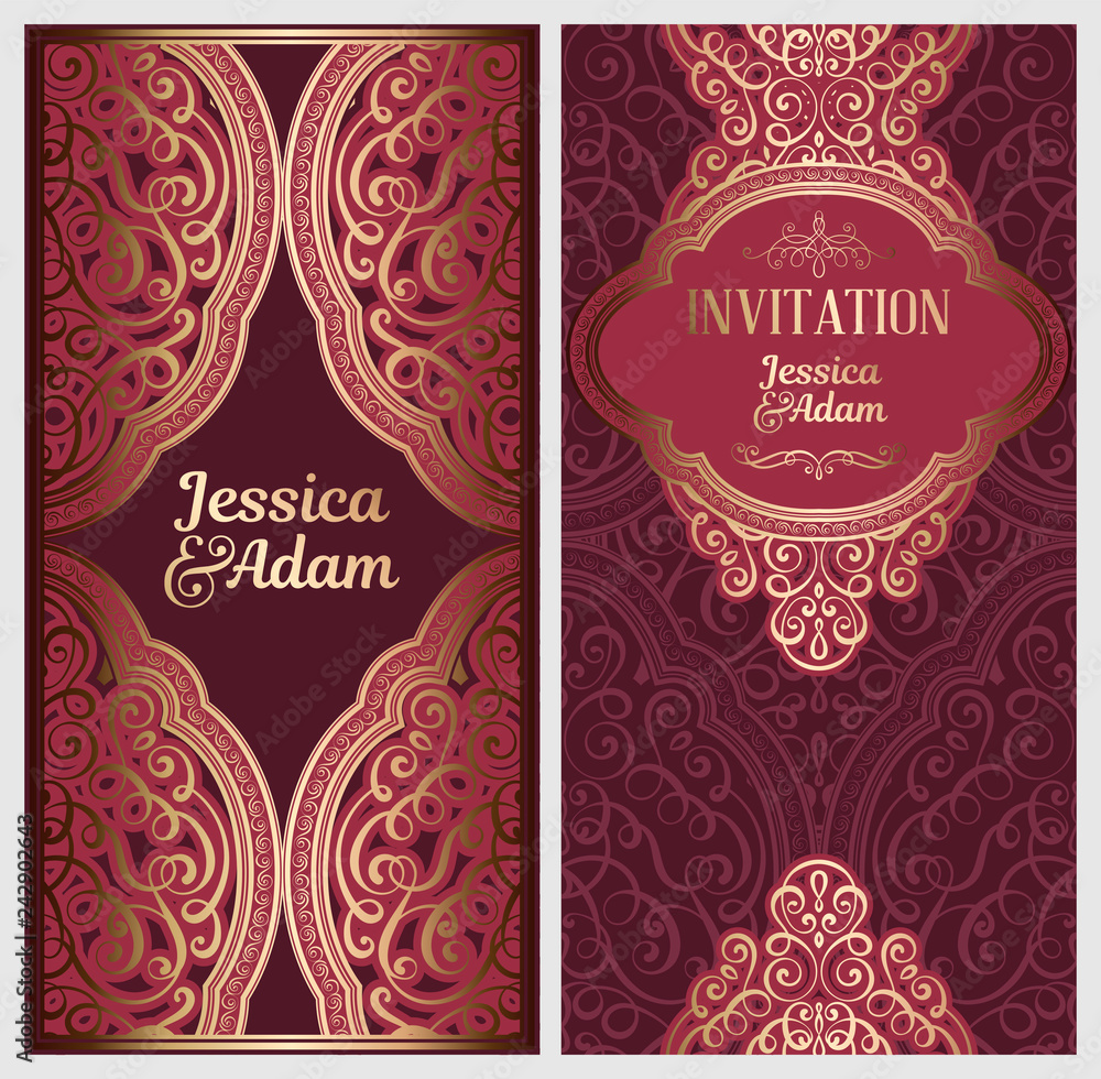 Wedding invitation card with gold shiny eastern and baroque rich foliage. Ornate islamic background for your design. Islam, Arabic, Indian, Dubai. Wedding invitation card with gold shiny eastern and baroque rich foliage. Ornate islamic background for your design. Islam, Arabic, Indian, Dubai.
