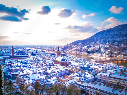 Canvas Print Aerial view of Heidelberg town and Neckar river in winter with snow from the cas